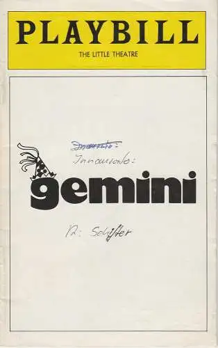 Arthur T. Birsh, Joan Alleman Rubin, Maria Thompson, u.a: Programmheft GEMINI Opened May 21, 1977 The Little Theater Playbill August 1977. 