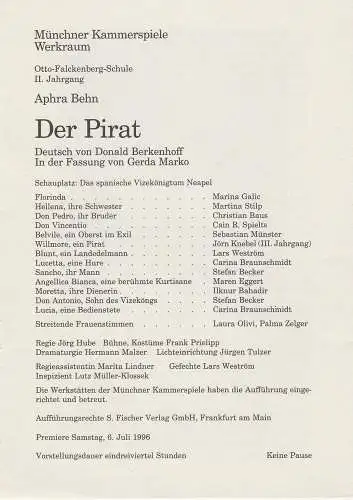 Otto-Falckenberg-Schule, Hermann Malzer: Programmheft Aphra Behn: DER PIRAT. Premiere 6. Juli 1996 Münchner Kammerspiele Werkraum. 