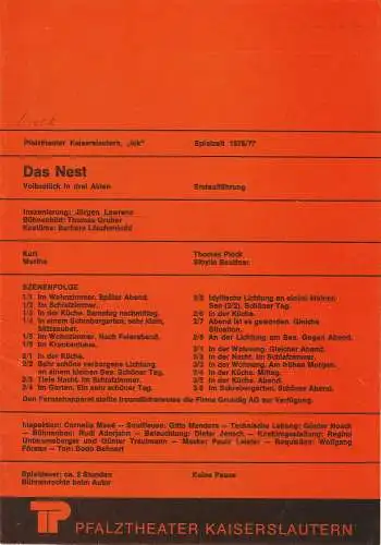 Pfalztheater Kaiserslautern, Wolfgang Blum, Petra Dannenhöfer: Programmheft DAS NEST. Volksstück von Franz Xaver Kroetz Spielzeit 1976 / 77 Heft 10. 