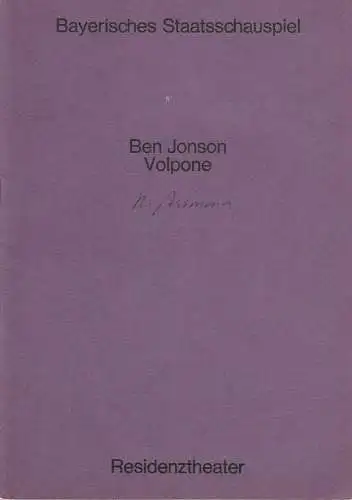 Bayerisches Staatsschauspiel, Helmut Henrichs, Urs Jenny: Programmheft VOLPONE. Komödie von Ben Jonson. Premiere 29. November 1970 Residenztheater. 