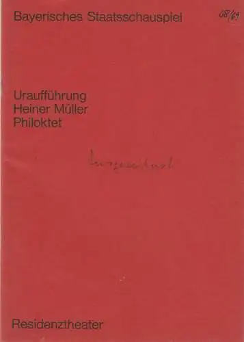 Bayerisches Staatsschauspiel, Helmut Henrichs, Ernst Wendt, Joachim Johannsen, Wolfgang Bauernfeind: Programmheft Uraufführung PHILOKTET von Heiner Müller 13. Juli 1968 Residenztheater. 