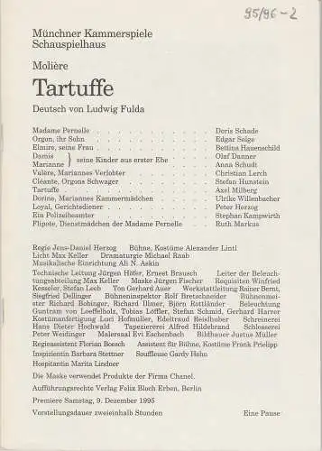 Münchner Kammerspiele, Dieter Dorn, Michael Raab, Hermann Malzer, Undine Damköhler, Michael Huthmann: Programmheft Tartuffe von Moliere. Premiere am 9. Dezember 1995 Schauspielhaus Spielzeit 1995 / 96 Heft 2. 