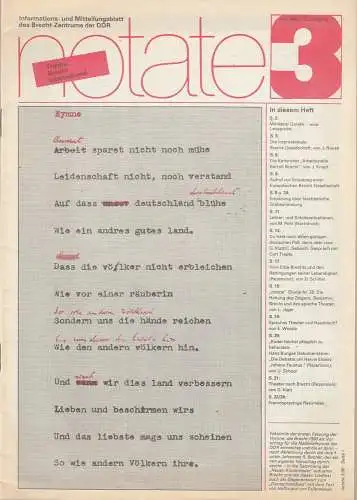Brecht-Zentrum der DDR, Werner Hecht, Inge Gellert, Sigmar Gerund, u.a: notate 3 Juli 1990 Informations- und Mitteilungsblatt des Brecht-Zentrums der DDR. 