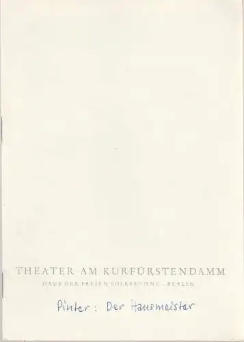 Theater am Kurfürstendamm, Haus der Freien Volksbühne Berlin, Bernhard Specht: Programmheft Der Hausmeister. Stück von Harold Pinter. 17. März 1962 Spielzeit 1961 / 62. 