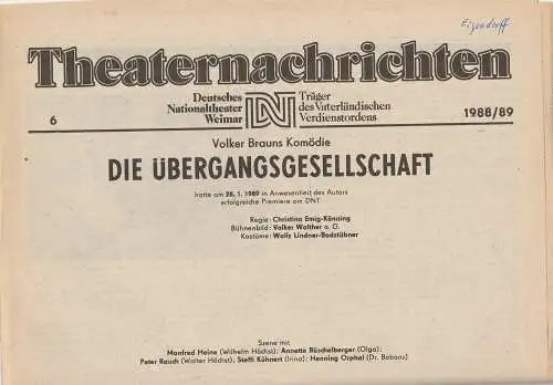 Deutsches Nationaltheater Weimar, Fritz Wendrich, Christine Schild: Theaternachrichten Deutsches Nationaltheater Weimar 6 - 1988 / 89. 