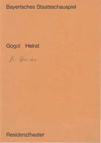 Bayerisches Staatsschauspiel, Residenztheater, Helmut Henrichs, Urs Jenny: Programmheft Schädlichkeit des Tabaks / Heirat. Premiere 22. November 1969. 