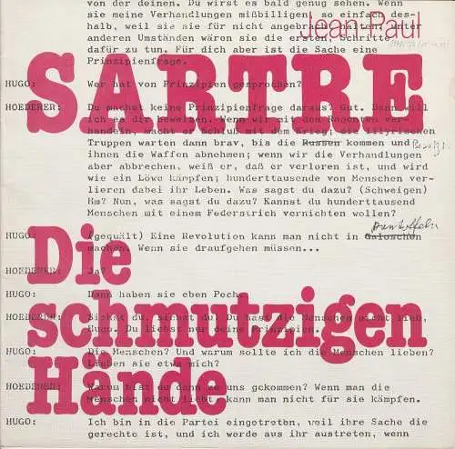 Niedersächsische Staatstheater Hannover, Günter Roth, Alexander May: Programmheft DIE SCHMUTZIGEN HÄNDE Jean Paul Sartre Staatstheater Hannover 1978. 