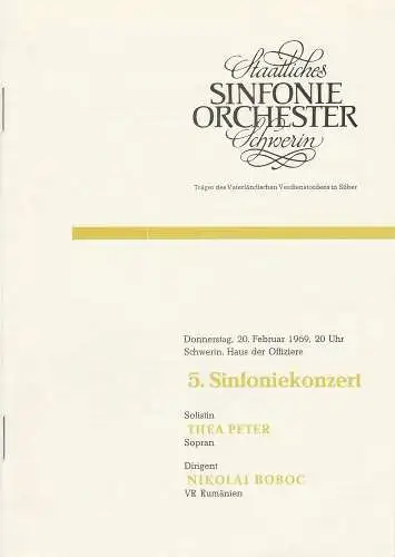 Staatliches Sinfonieorchester Schwerin, Walter König, Dieter Klett: Programmheft 5. Sinfoniekonzert 20. Februar 1969 Schwerin Haus der Offiziere. 