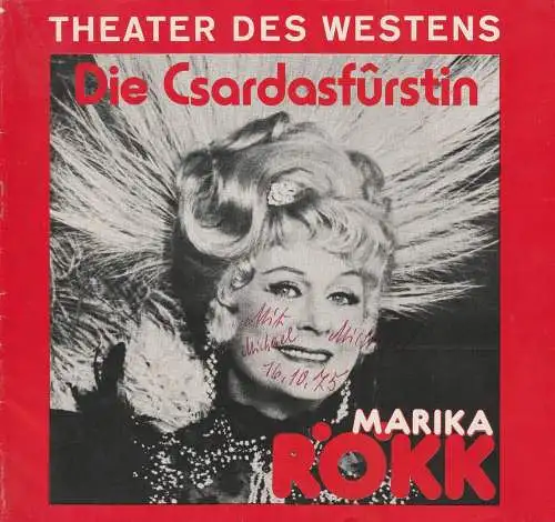 Theater des Westens, E. und V. Grabowsky, Kurt Haupt: Programmheft Emmerich Kalman: DIE CSARDASFÜRSTIN Spielzeit 1974 / 75. 