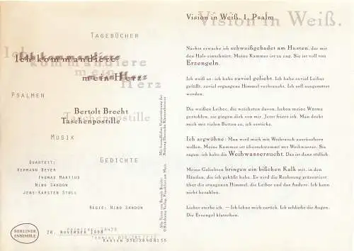 Berliner Ensemble: Programmheft ICH KOMMANDIERE MEIN HERZ Bertolt Brecht Taschenpostille Premiere 28. November 1998. 