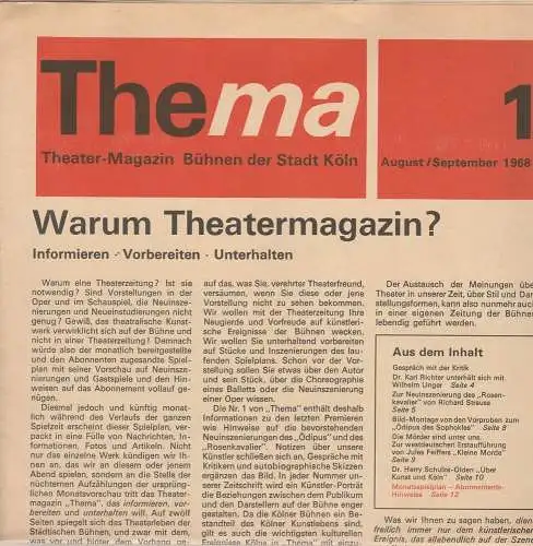 Bühnen der Stadt Köln: THEMA 1 August / September 1968 Theatermagazin Bühnen der Stadt Köln. 