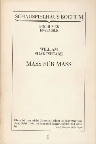 Schauspielhaus Bochum, Bochumer Ensemble, Hermann Beil, Wolfgang Trevisany: Programmheft William Shakespeare MASS FÜR MASS Schauspielhaus Bochum 1979. 
