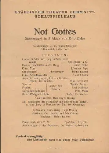 Städtische Theater Chemnitz: Theaterzettel Otto Erler  NOT GOTTES ca. 1943 Schauspielhaus. 