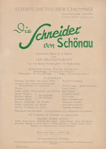 Städtische Theater Chemnitz, Karl Görs: Theaterzettel J. Brandts-Buys DIE SCHNEIDER VON SCHÖNAU Theater Chemnitz 1949. 