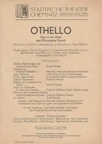 Städtische Theater Chemnitz, Karl Görs: Theaterzettel Giuseppe Verdi OTHELLO Spielzeit 1949 / 50. 