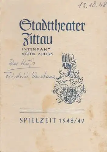 Stadttheater Zittau, Victor Ahlers: Programmheft Friedrich Smetana DER Kuß Spielzeit 1948 / 49. 