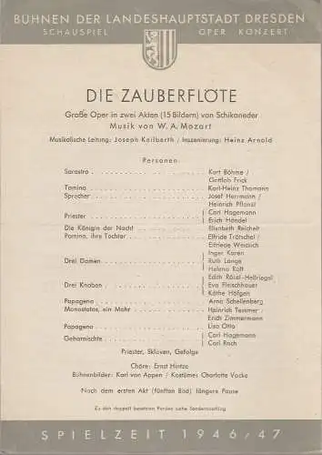 Bühnen der Landeshauptstadt Dresden: Theaterzettel Wolfgang Amadeus Mozart DIE ZAUBERFLÖTE Spielzeit 1946 / 47. 