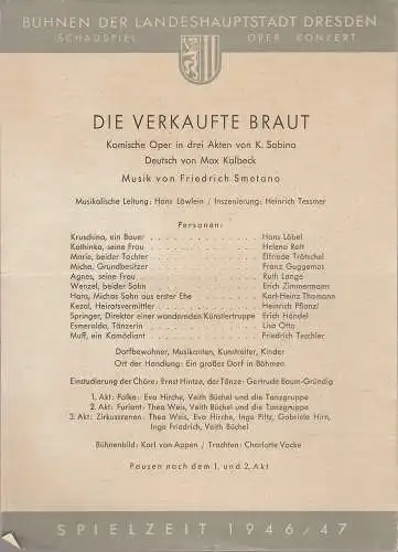 Bühnen der Landeshauptstadt Dresden, Herbert Trantow: Theaterzettel Friedrich Smetana DIE VERKAUFTE BRAUT Spielzeit 1946 / 47. 