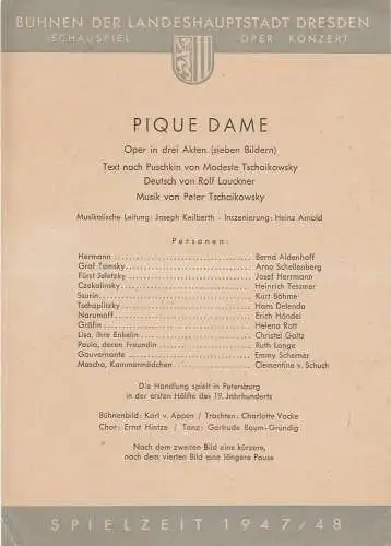 Bühnen der Landeshauptstadt Dresden, Herbert Trantow: Theaterzettel Peter Tschaikowsky PIQUE DAME Spielzeit 1947 / 48. 