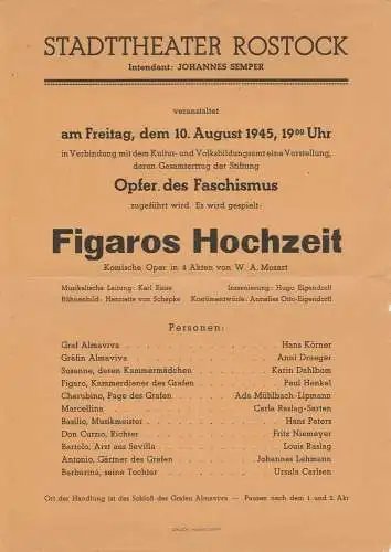 Stadttheater Rostock, Johannes Semper: Theaterzettel W. A. Mozart FIGAROS HOCHZEIT 10. August 1945. 