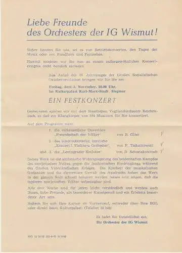 Orchester IG Wismut: Theaterzettel EIN FESTKONZERT 8. November 1963 Kulturpalast Karl-Marx-Stadt / Siegmar. 