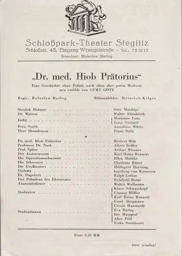 Schloßpark-Theater Steglitz, Boleslaw Barlog: Theaterzettel Curt Götz DR. MED. HIOB PRÄTORIUS Schloßpark-Theater Steglitz 1947. 