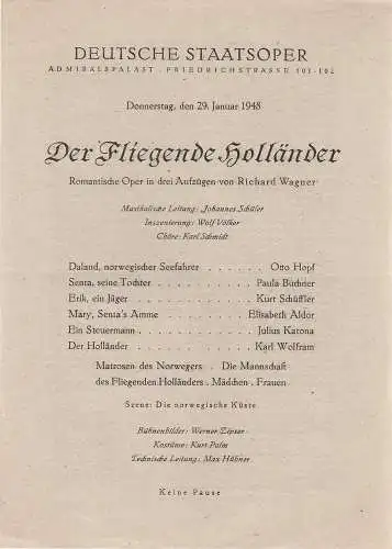 Deutsche Staatsoper Admiralspalast: Programmheft Richard Wagner DER FLIEGENDE HOLLÄNDER 29. Januar 1948. 