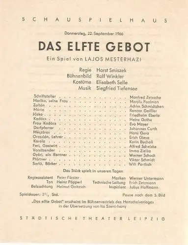Städtische Theater Leipzig: Theaterzettel Lajos Mesterhazi DAS ELFTE GEBOT Städtische Theater Leipzig 1966. 