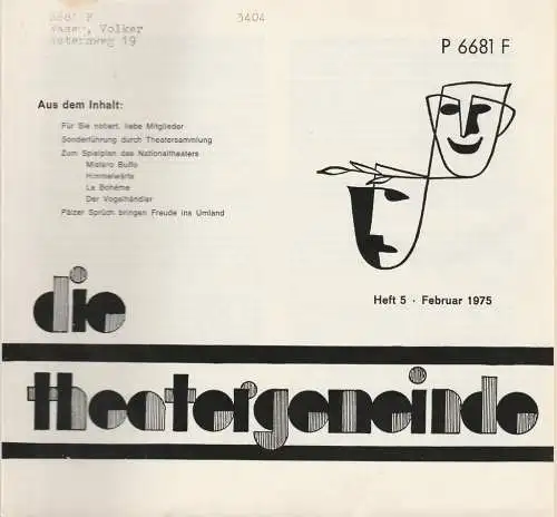 Theatergemeinde für das Nationaltheater Mannheim: Blätter der Theatergemeinde für das Nationaltheater Mannheim Heft 5 Februar 1975. 