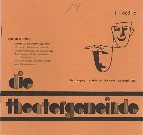 Theatergemeinde für das Nationaltheater Mannheim: Blätter der Theatergemeinde für das Nationaltheater Mannheim Heft 4 1968. 