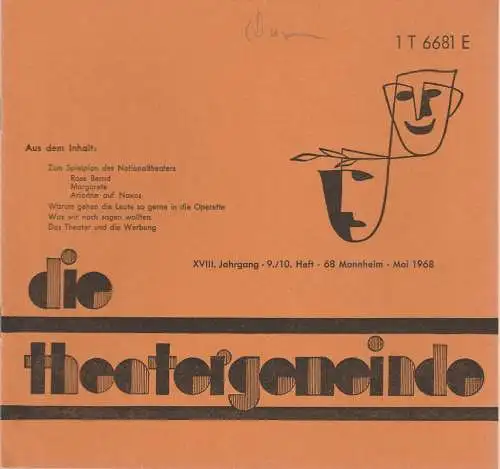 Theatergemeinde für das Nationaltheater Mannheim: Blätter der Theatergemeinde für das Nationaltheater Mannheim Heft 9 / 10 1968. 