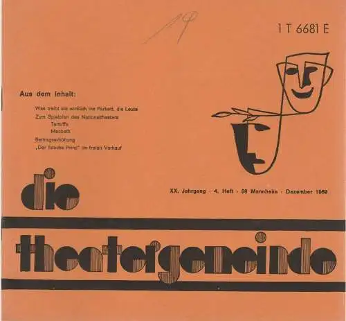 Theatergemeinde für das Nationaltheater Mannheim: Blätter der Theatergemeinde für das Nationaltheater Mannheim Heft 4 1969. 