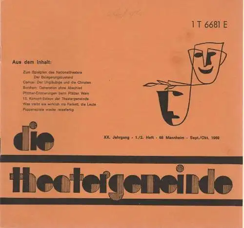 Theatergemeinde für das Nationaltheater Mannheim: Blätter der Theatergemeinde für das Nationaltheater Mannheim Heft 1 / 2 Sept. / Okt. 1969. 