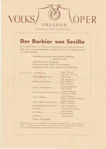 Volksoper Dresden Emil Grotzinger: Programmheft Rossini: DER BARBIER VON SEVILLA. 