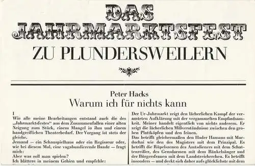 Staatstheater Dresden, Ute Baum, Ekkehard Walter: Programmheft Peter Hacks: DAS JAHRMARKTSFEST zu PLUNDERSWEILERN Premiere 30. November 1978 Spielzeit 1978 / 79. 