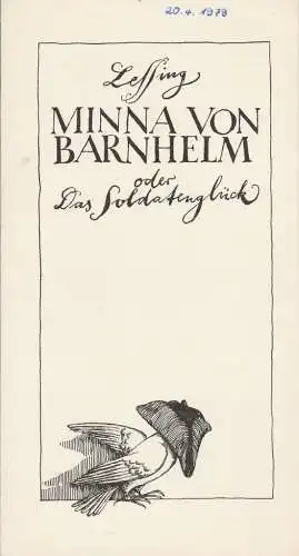 Städtische Bühnen Erfurt, Bodo Witte, Ursula Bock, Harald Gerlach, Regina Holland-Cunz: Programmheft Lessing MINNA VON BARNHELM Premiere 12. November 1978 Spielzeit 1978 Heft 18. 