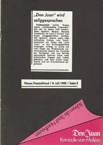Bühnen der Stadt Nordhausen, Siegfried Mühlhaus, Astrid Straßberger, Hubert Kross jr: Programmheft Moliere: DON JUAN Bühnen der Stadt Nordhausen 1987. 