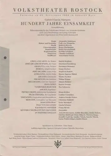 Volkstheater Rostock, Michael Winrich Schlicht, Katja Eisenschmidt: Programmheft Gabriel Garcia Marquez HUNDERT JAHRE EINSAMKEIT Premiere 25. September 1998. 