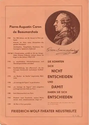 Friedrich-Wolf-Theater Neustrelitz, J. A. Weindich, Ruth Roßteuscher, Wolfdietrich Gerhardt: Programmheft F. Wolf BEAUMARCHAIS oder DIE GEBURT DES FIGARO Neustrelitz 1982. 
