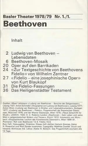 Basler Theater, Hartwin Gromes, Heinz H. Rosenthal, Wolf Sander: Programmheft BEETHOVEN Uraufführung ROLL OVER BEETHOVEN Schauspiel von Peter Greiner 14. September 1978 Basler Theater 1978 / 79 Heft 1. 