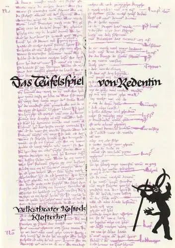 Volkstheater Rostock, Ekkehard Prophet, Eva Zapff, Wolfgang Holz: Programmheft Uraufführung Claus Hammel DAS TEUFELSSPIEL VON REDENTIN  Premiere 12. Juni 1987 im Klosterhof Zum Heiligen Kreuz 92. Spielzeit 1986 / 87. 