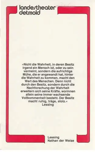 Landestheater Detmold, Otto Hans Böhm, Bruno Scharnberg: Programmheft Gotthold Ephraim Lessing NATHAN DER WEISE Theater Detmold 1982. 