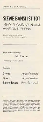 Landestheater Altenburg,Peter Posdzech, Edine Zippel: Programmheft Athol Fugard /John Kani / Winston Ntshona SIZWE BANSI IST TOT. 