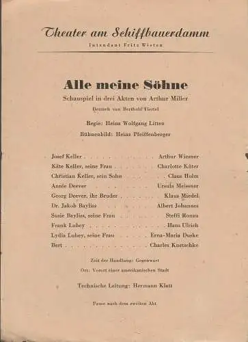Theater am Schiffbauerdamm, Fritz Wisten: Theaterzettel Arthur Miller ALLE MEINE SÖHNE Theater am Schiffbauerdamm 1949. 