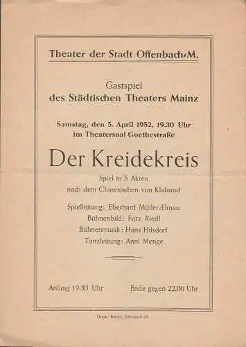 Theater der Stadt Offenbach: Programmheft Klabund DER KREIDEKREIS 5.April 1952 Theatersaal Goethestr. 