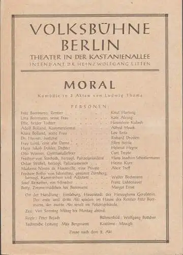 Volksbühne Berlin, Heinz Wolfgang Litten: Theaterzettel Ludwig Thoma MORAL 1948 Theater in der Kastanienallee. 