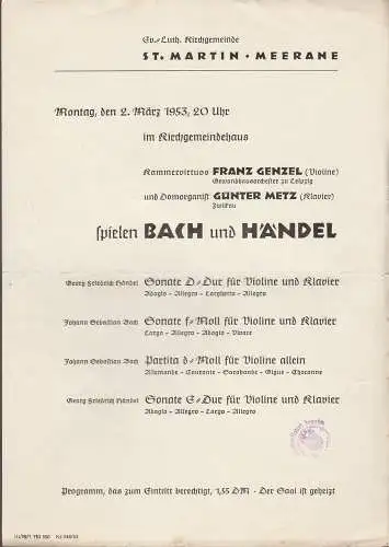 Ev. Luth. Kirchgemeinde St. Martin Meerane: Theaterzettel KONZERT 2. März 1953.