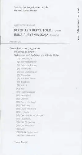 Initiativkreis Ruhrgebiet, Franz Xaver Ohnesorg, Peter Lampe: Programmheft LIEDERWOCHENENDE 12. August 2006 Herten / Schloss Herten. 