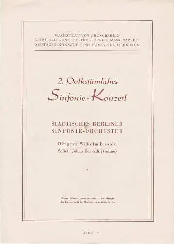 Deutsche Konzert- und Gastspieldirektion: Programmheft STÄDTISCHES BERLINER SINFONIE-ORCHESTER 2. VOLKSTÜMLICHES SINFONIE-KONZERT ca. 1953/ 54. 