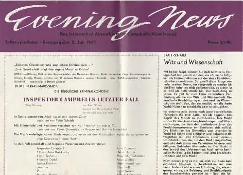 Städtische Theater Karl-Marx-Stadt, Gerhard Meyer, Gunild Lattmann, Ilona Langer: Programmheft Saul O'Hara INSPEKTOR CAMPBELLS LETZTER FALL 5. Juli 1967 Schauspielhaus. 
